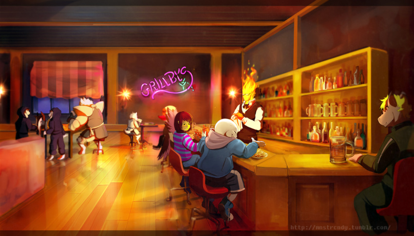 2boys alcohol androgynous armor axe bow bowtie brown_hair closed_eyes collared_shirt creature denim dog dogamy dogaressa elemental_(creature) fire flame french_fries frisk_(undertale) glasses greater_dog grillby grin hood hoodie interior jazzycat jeans jitome ketchup_bottle lesser_dog monster multiple_boys napkin neon_lights pants reflection sans shirt shoes shorts skeleton smile sneakers striped striped_shirt undertale vest watermark weapon web_address