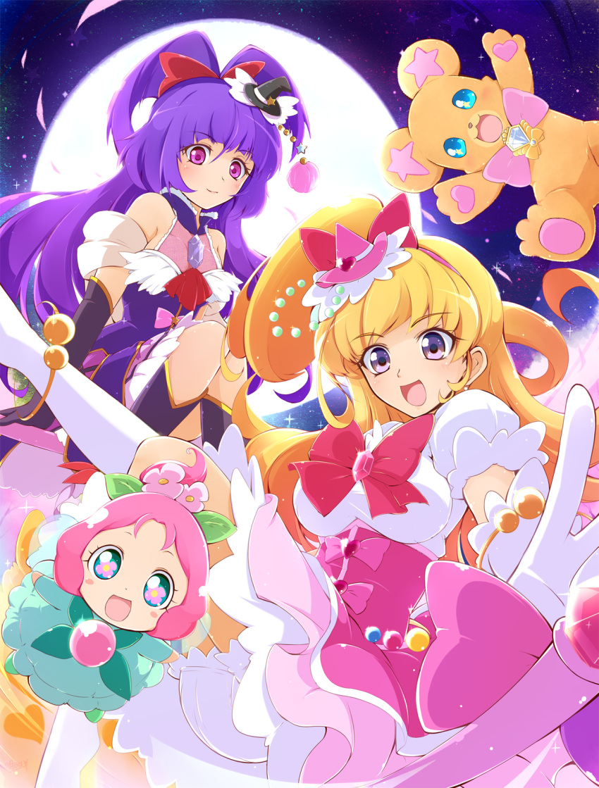 3girls :d asahina_mirai ashita_wa_hitsuji bear black_gloves black_hat blonde_hair blue_eyes bow commentary_request creature cure_magical cure_miracle dress flower full_moon gem gloves green_dress ha-chan_(mahou_girls_precure!) hair_bow hair_flower hair_ornament hat highres izayoi_liko long_hair looking_at_viewer magical_girl mahou_girls_precure! mini_hat mini_witch_hat mofurun_(mahou_girls_precure!) moon multiple_girls open_mouth pink_bow pink_hair pink_hat pink_skirt ponytail precure purple_hair purple_skirt red_bow short_hair skirt smile symbol-shaped_pupils violet_eyes white_gloves witch_hat