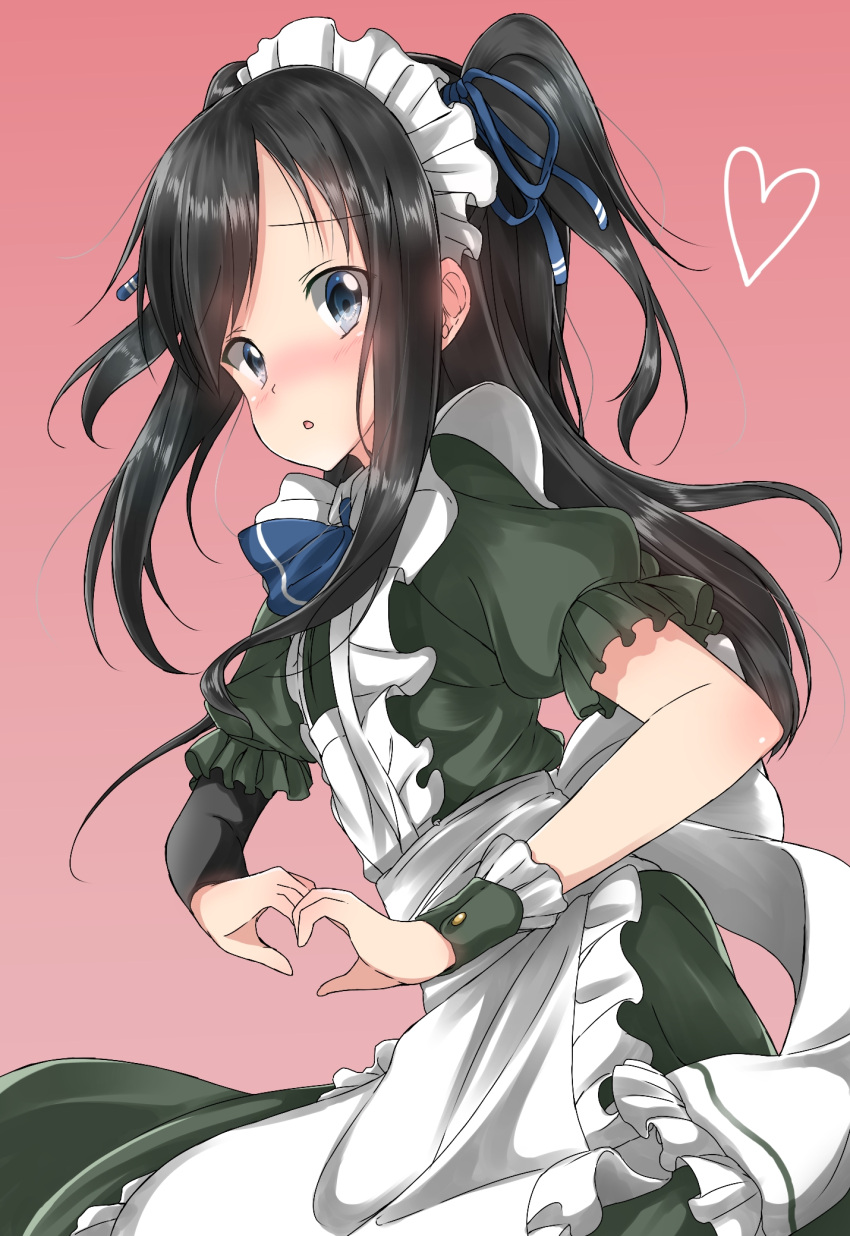 1girl :o alternate_costume alternate_hairstyle apron arm_warmers asashio_(kantai_collection) black_hair blue_eyes blush enmaided frilled_sleeves frills gradient gradient_background heart heart_hands highres kantai_collection long_hair looking_at_viewer maid maid_apron maid_headdress pentagon_(railgun_ky1206) pink_background side_ponytail solo twintails waist_apron wrist_cuffs