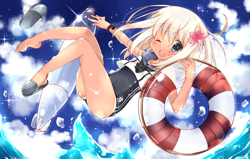 1girl blonde_hair blue_eyes crop_top kanan_asuka kantai_collection lifebuoy one-piece_tan one_eye_closed ro-500_(kantai_collection) sailor_collar school_swimsuit single_shoe solo swimsuit swimsuit_under_clothes tan tanline torpedo