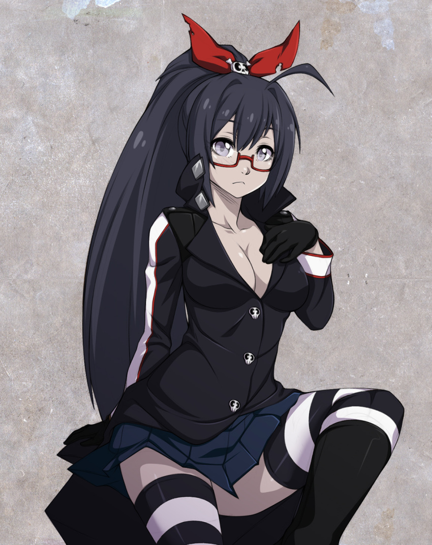 1girl :&lt; ahoge alternate_breast_size alternate_hairstyle alternate_legwear bespectacled black_gloves boots breasts cleavage fearless_night glasses gloves hair_ornament hair_ribbon high_collar highres knee_boots long_coat long_hair looking_at_viewer no_bra pale_skin pleated_skirt poco_muerte red-framed_glasses red_eyes ribbon semi-rimless_glasses sitting skirt skull_hair_ornament smile solo spike_wible striped striped_legwear thigh-highs thighs under-rim_glasses