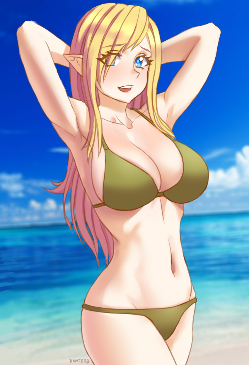 1girl :d absurdres armpits artist_name bikini blonde_hair blue_eyes breasts cleavage clouds collarbone contrapposto danfer3 elf highres large_breasts looking_at_viewer navel ocean open_mouth original pointy_ears sky smile solo swimsuit
