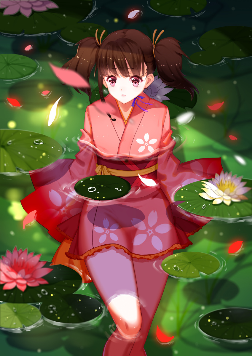 1girl absurdres artist_request bangs brown_eyes brown_hair flower highres koutetsujou_no_kabaneri lily_pad looking_to_the_side lotus mumei_(kabaneri) neck_ribbon obi parted_lips partially_submerged petals ribbon sash short_hair solo water