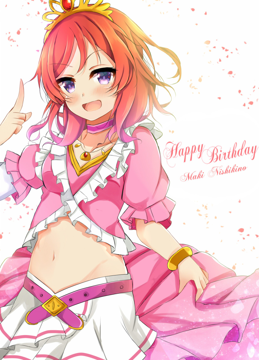 1girl dorisu2 highres looking_at_viewer love_live!_school_idol_project midriff music_s.t.a.r.t!! navel nishikino_maki open_mouth redhead short_hair smile solo violet_eyes
