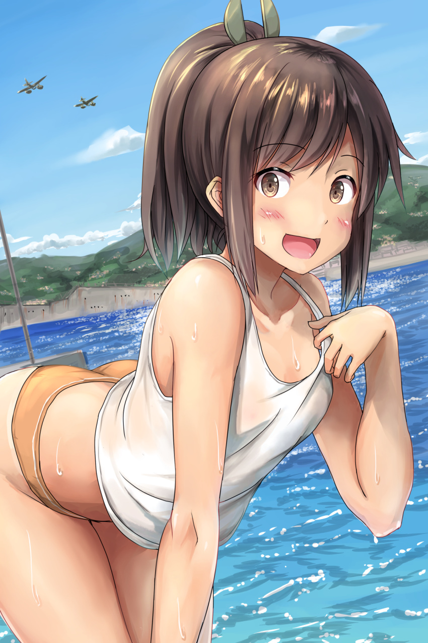 1girl :d airplane arched_back ass bare_shoulders bent_over bikini_bottom blue_sky blush brown_eyes brown_hair camisole clouds hair_ornament hairclip highres i-401_(kantai_collection) ichikawa_feesu kantai_collection leaning_forward long_hair looking_at_viewer ocean open_mouth outdoors ponytail sky smile solo water wet wet_clothes