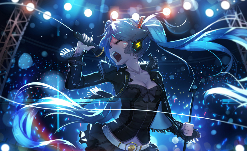 1girl bai_yemeng belt breasts cleavage corsage hatsune_miku headphones jacket long_hair long_sleeves microphone microphone_stand open_clothes open_jacket singing solo stage_lights twintails very_long_hair vocaloid