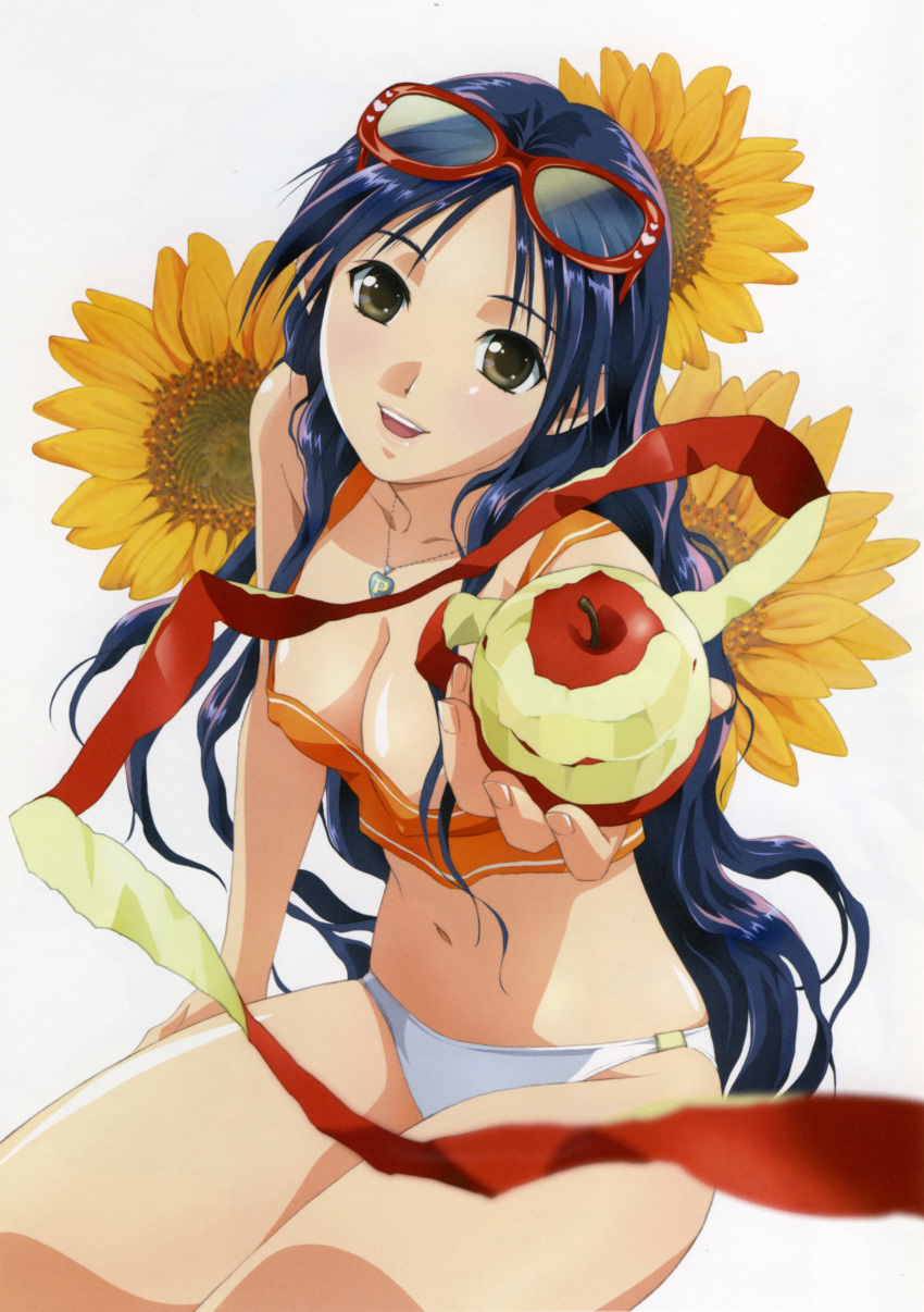 1girl absurdres apple apple_peel blue_hair breasts cleavage copyright_request covered_nipples flower food fruit glasses_on_head grey_eyes heart highres holding holding_fruit jewelry long_hair midriff necklace panties peeling pendant rin-sin single_letter sitting solo sunflower sunglasses tank_top underwear white_panties