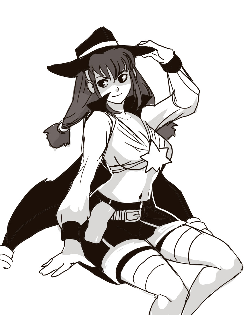 1girl absurdres ahoge breasts brown_hair cape cleavage daga greyscale hair_ornament hairband hat highres lilka_eleniak long_hair low-tied_long_hair monochrome older sidelocks skirt smile solo source_request thigh-highs twintails white_legwear wild_arms wild_arms_2 witch_hat