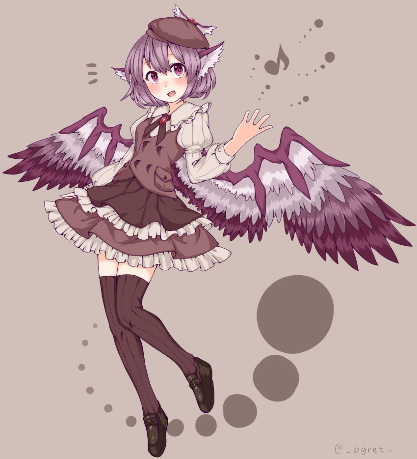 /\/\/\ 1girl beret bird_wings blouse blush egret full_body hat hat_with_ears head_wings highres juliet_sleeves long_sleeves looking_at_viewer musical_note mystia_lorelei neck_ribbon open_mouth puffy_sleeves purple_hair quaver ribbed_legwear ribbon shoes short_hair skirt smile solo thigh-highs touhou vest violet_eyes wings zettai_ryouiki