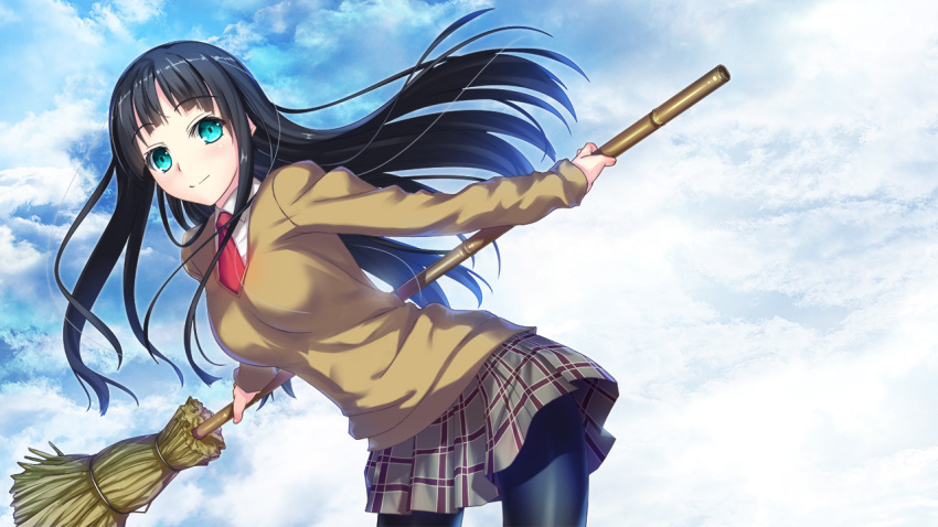 1girl aqua_eyes bamboo_broom bangs black_legwear blue_sky breasts broom closed_mouth clouds collared_shirt cowboy_shot dress_shirt eyebrows eyebrows_visible_through_hair floating_hair flying_witch holding_broom jacket kowata_makoto leaning_to_the_side long_hair long_sleeves looking_at_viewer miniskirt necktie pantyhose plaid plaid_skirt pleated_skirt red_necktie school_uniform shirt skirt sky smile solo sweater white_shirt witch yoshida_takuma