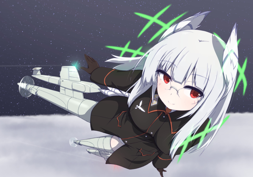 1girl bird_tail clouds flying giorgio_claes glasses gloves head_wings heidimarie_w_schnaufer highres hirschgeweih_antennas long_hair looking_at_viewer military military_uniform night night_sky panties red_eyes silver_hair sky smile solo strike_witches striker_unit underwear uniform white_panties
