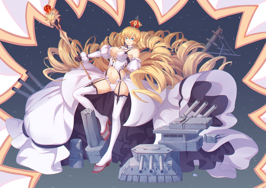 1girl asanogawa_(tutufcc) ass_visible_through_thighs bangs black_gloves blonde_hair blue_eyes breasts cannon closed_mouth cravat cross-laced_clothes crown detached_sleeves drill_hair frills garter_straps gloves hair_between_eyes holding large_breasts lion lion_(zhan_jian_shao_nyu) long_hair looking_at_viewer navel panties platform_footwear puffy_sleeves solo standing_on_one_leg stomach thigh-highs turret underwear utility_pole_(object) very_long_hair waist_cape white_legwear white_panties zhan_jian_shao_nyu