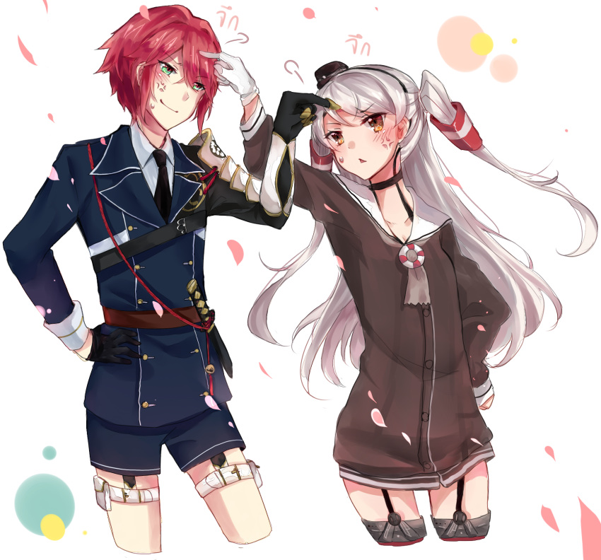 1boy 1girl amatsukaze_(kantai_collection) anger_vein armor black_gloves cropped_legs crossover dress flora_blossom garter_straps gloves green_eyes hair_tubes hand_on_hip hat highres holster japanese_armor kantai_collection military military_uniform necktie petals poking redhead sailor_dress shinano_toushirou shorts smile sode sword tantou tears thai thigh_holster touken_ranbu triangle_mouth twintails two_side_up uniform weapon white_background white_gloves white_hair yellow_eyes
