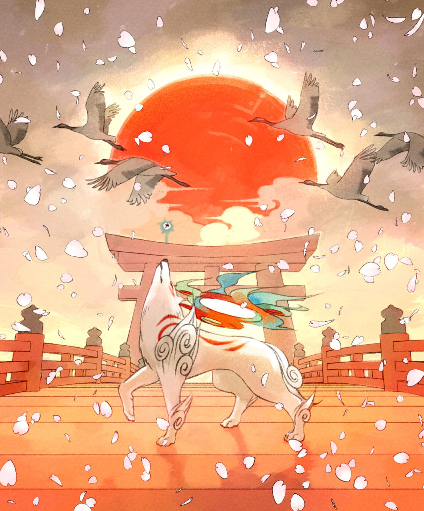 1boy 1girl amaterasu architecture bird bodypaint bridge clouds crane_(animal) east_asian_architecture highres issun namito no_humans ookami_(game) petals red_sun sun torii white_fur wolf