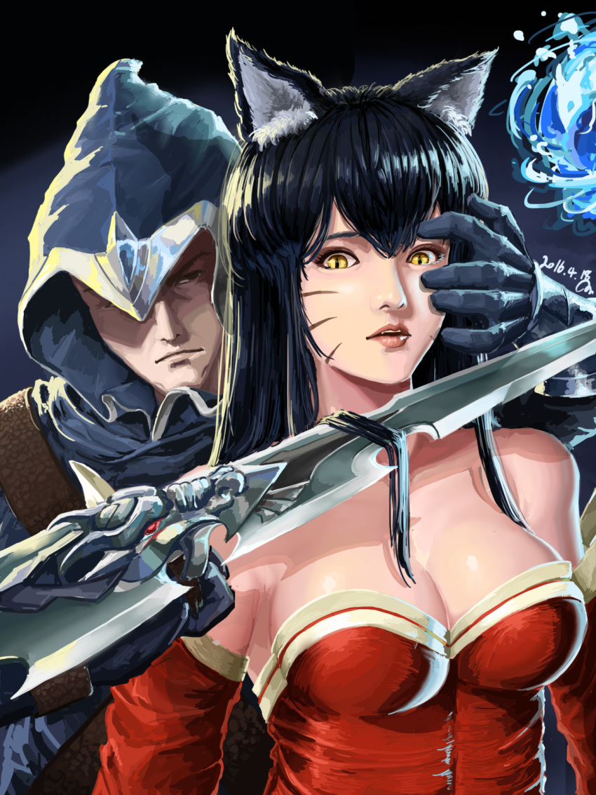 1boy 1girl 2016 ahri animal_ears bare_shoulders black_hair breasts cleavage collarbone dagger dated detached_sleeves facial_mark fox_ears highres hood knife_to_throat korean_clothes league_of_legends lips looking_at_another looking_at_viewer narrowed_eyes nose one_eye_covered open_mouth pursed_lips realistic restrained serious slit_pupils somum surprised tail talon_(league_of_legends) upper_body weapon yellow_eyes