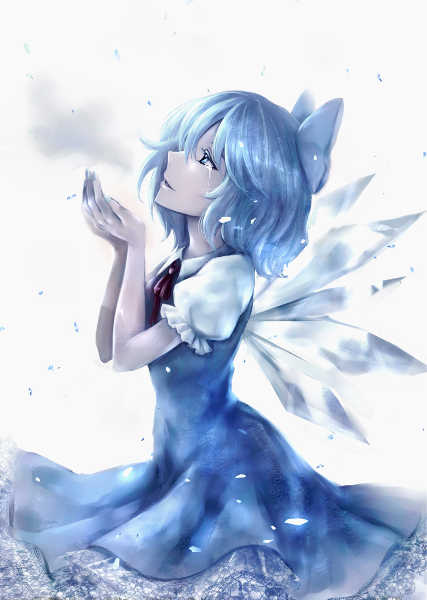 1girl blue_bow blue_dress blue_eyes blue_hair blue_nails bow cirno commentary_request crying crying_with_eyes_open dress hair_bow highres ice ice_wings kyogoku-uru looking_up nail_polish neck_ribbon pale_skin profile puffy_short_sleeves puffy_sleeves red_ribbon ribbon short_hair short_sleeves smile solo tears touhou upper_body wing_collar wings