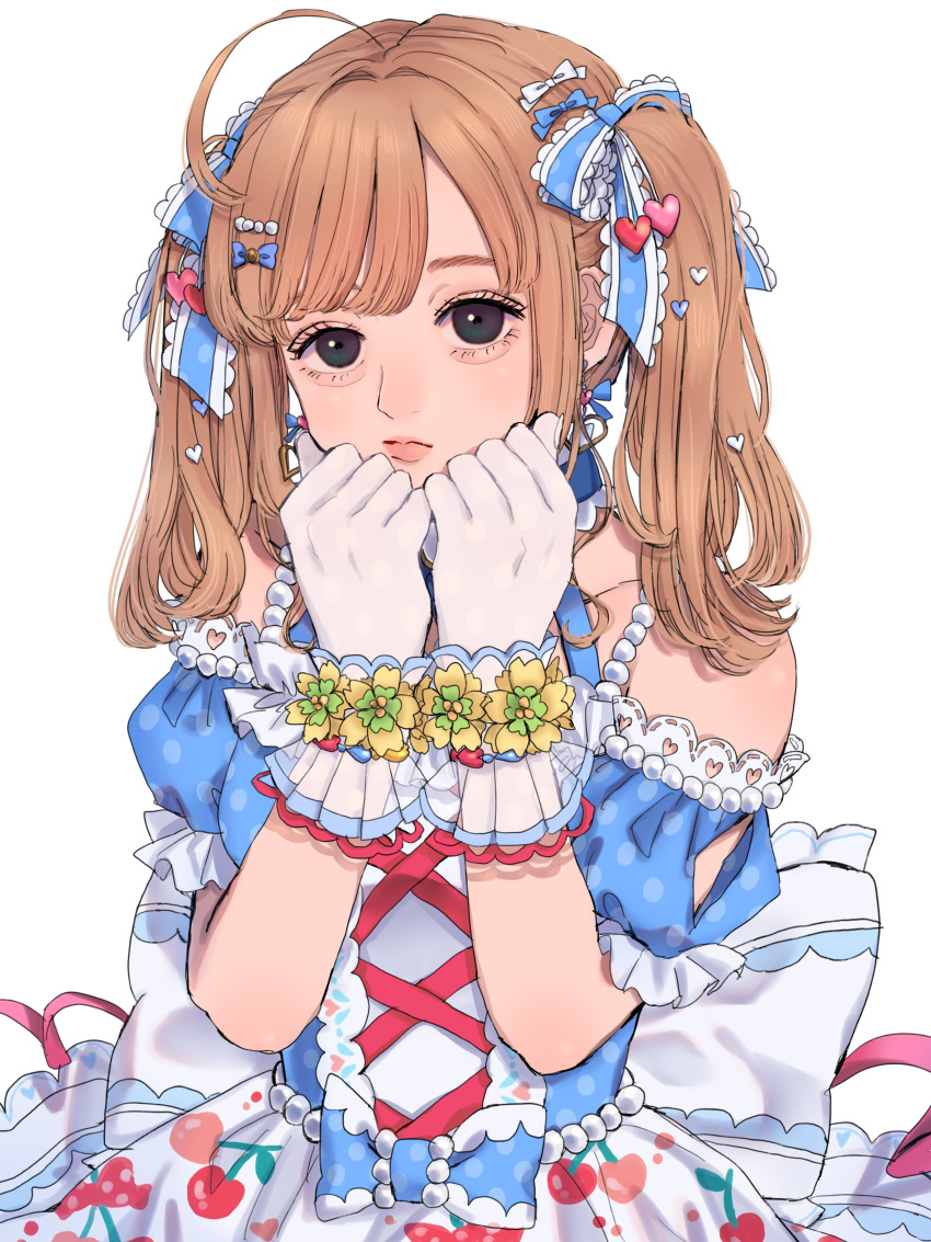 1girl absurdres aegyo_sal ahoge bare_shoulders black_eyes blue_bow blue_dress blue_sleeves bow brown_hair closed_mouth commentary_request detached_sleeves dress eyelashes frilled_bow frilled_gloves frills gloves highres idolmaster idolmaster_cinderella_girls idolmaster_cinderella_girls_starlight_stage medium_hair norimaki_(seidan0611) pink_lips puffy_sleeves sato_shin simple_background sleeveless sleeveless_dress solo twintails upper_body white_background white_gloves