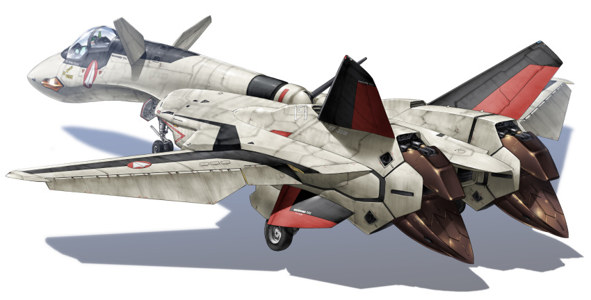 1boy airplane byeontae_jagga canards commentary_request emblem highres isamu_dyson jet landing_gear macross macross_plus mecha realistic science_fiction shadow simple_background u.n._spacy variable_fighter white_background yf-19