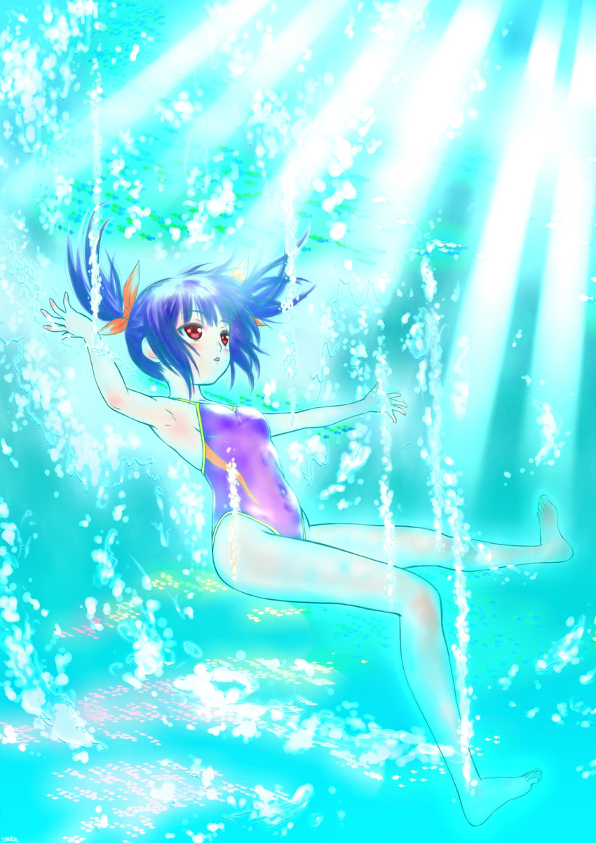 1girl blue_hair competition_swimsuit freediving highres kurimuzon one-piece_swimsuit original red_eyes short_hair solo swimsuit twintails underwater