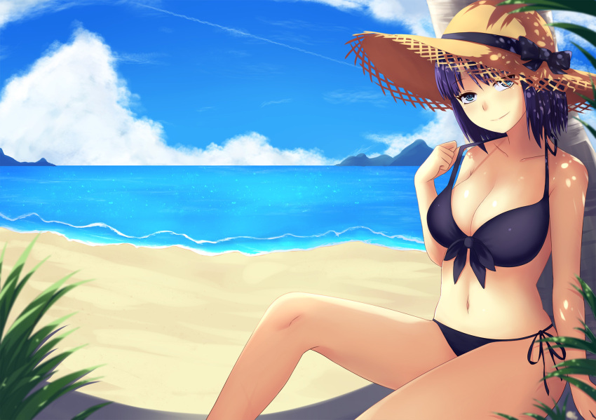 1girl against_tree arm_at_side bare_legs bikini black_bow blue_eyes blue_sky bow breasts brown_hat bush cleavage closed_mouth coast collarbone dagashi_kashi dappled_sunlight grass hat hat_bow highres horizon island knee_up large_breasts looking_at_viewer navel ocean palm_tree plant pulled_by_self purple_bikini purple_hair purple_ribbon ribbon rumaki sand shidare_hotaru short_hair sitting sky smile solo stomach strap_pull straw_hat summer sunlight swimsuit tree water