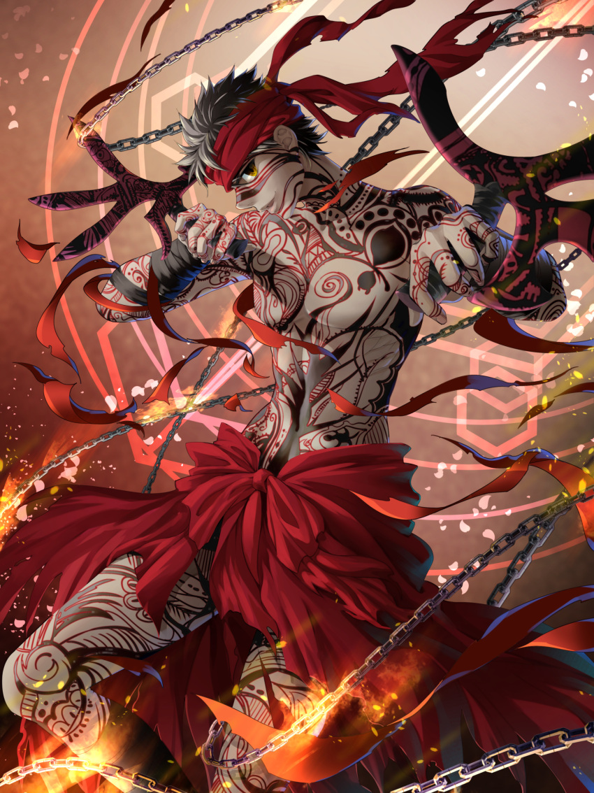 1boy absurdres avenger black_hair chain dual_wielding fate/hollow_ataraxia fate_(series) full_body_tattoo headband highres looking_at_viewer male_focus messy_hair shirtless smile solo soucl tattoo verg_avesta yellow_eyes
