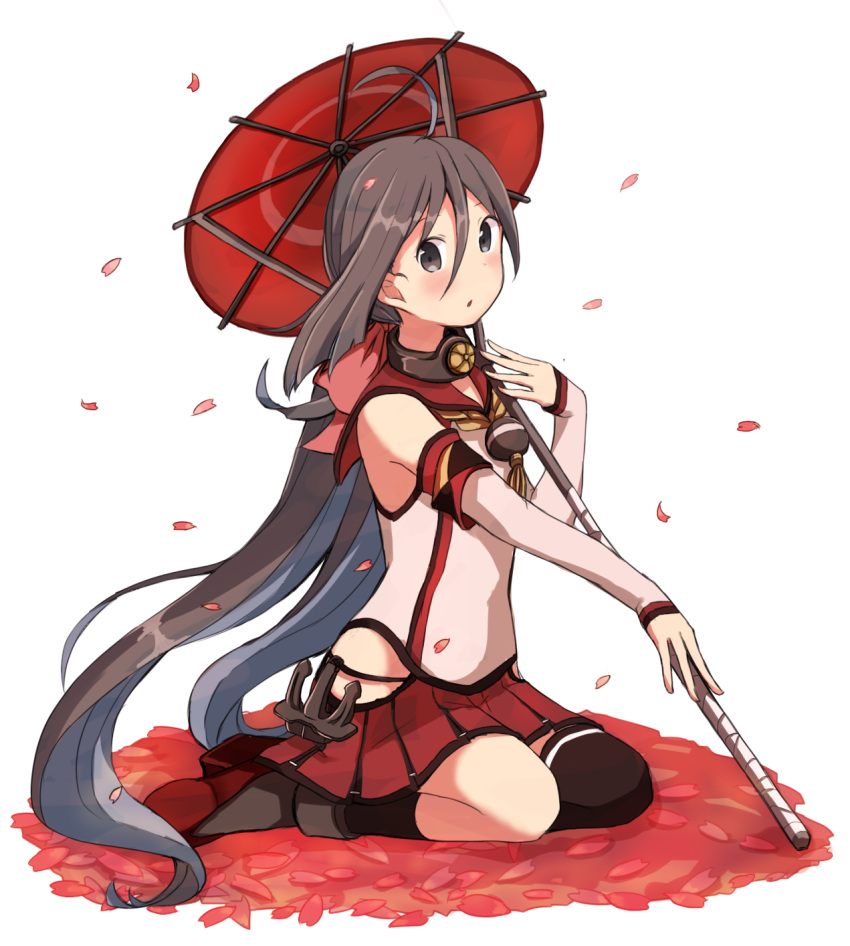 1girl ahoge anchor bare_shoulders blue_hair blush cherry_blossoms collar commentary_request detached_sleeves grey_eyes grey_hair hair_between_eyes highres kantai_collection kikumon kiyoshimo_(kantai_collection) long_hair looking_at_viewer low_twintails multicolored_hair oriental_umbrella riz_(ravel_dc) seiza single_thighhigh sitting skirt thigh-highs twintails umbrella yamato_(kantai_collection) yamato_(kantai_collection)_(cosplay) z_flag
