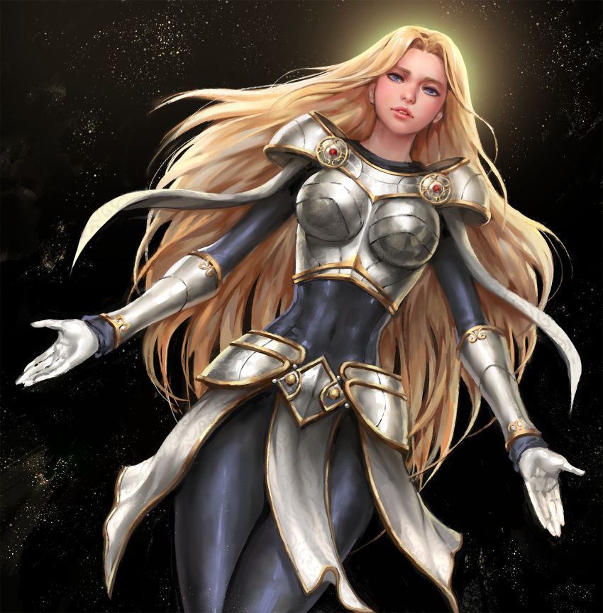 1girl armor backlighting belt black_background blonde_hair blue_eyes bodysuit boobplate bracer breastplate covered_navel dutch_angle gauntlets gloves highres league_of_legends loincloth long_hair looking_at_viewer luxanna_crownguard outstretched_arms simple_background solo very_long_hair white_gloves yy6242