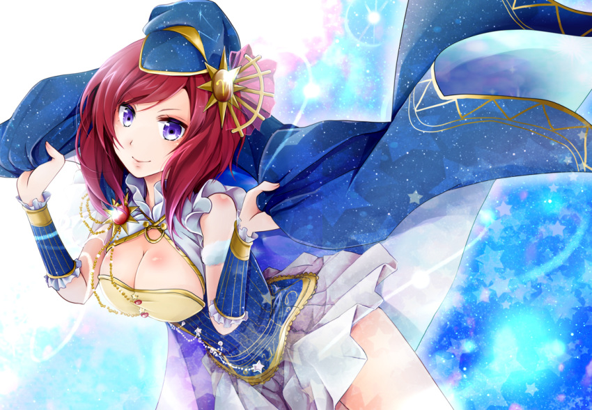 1girl akatsuki_hijiri arm_strap armband bangs blue_background blush breasts cape cleavage constellation constellation_costume corset cowboy_shot dress dress_lift frills fur_trim hair_ornament hands_up hat holding jewelry large_breasts lens_flare looking_at_viewer love_live!_school_idol_project nishikino_maki pleated_dress print_hat redhead smile solo sparkle star starry_background starry_sky_print sun_(symbol) violet_eyes