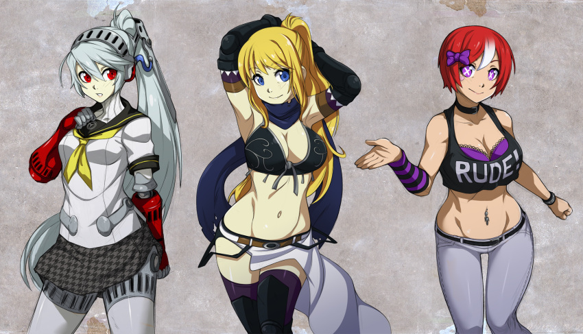 +_+ 3girls android arc_system_works bare_shoulders blonde_hair highres labrys long_hair midriff multiple_girls navel_piercing persona persona_4:_the_ultimate_in_mayonaka_arena piercing pleated_skirt ponytail red_eyes redhead robot_joints school_uniform serafuku skirt smile spike_wible very_long_hair violet_eyes