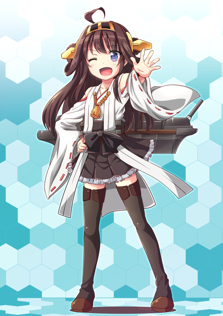 1girl ;d ahoge bare_shoulders blue_background boots brown_boots brown_hair brown_skirt detached_sleeves double_bun frilled_skirt frills full_body hand_on_hip headgear highres honeycomb_background kantai_collection kayama_kenji kongou_(kantai_collection) long_hair looking_at_viewer machinery nontraditional_miko one_eye_closed open_mouth outstretched_hand pleated_skirt ribbon-trimmed_sleeves ribbon_trim skirt smile solo standing thigh-highs thigh_boots violet_eyes younger zettai_ryouiki