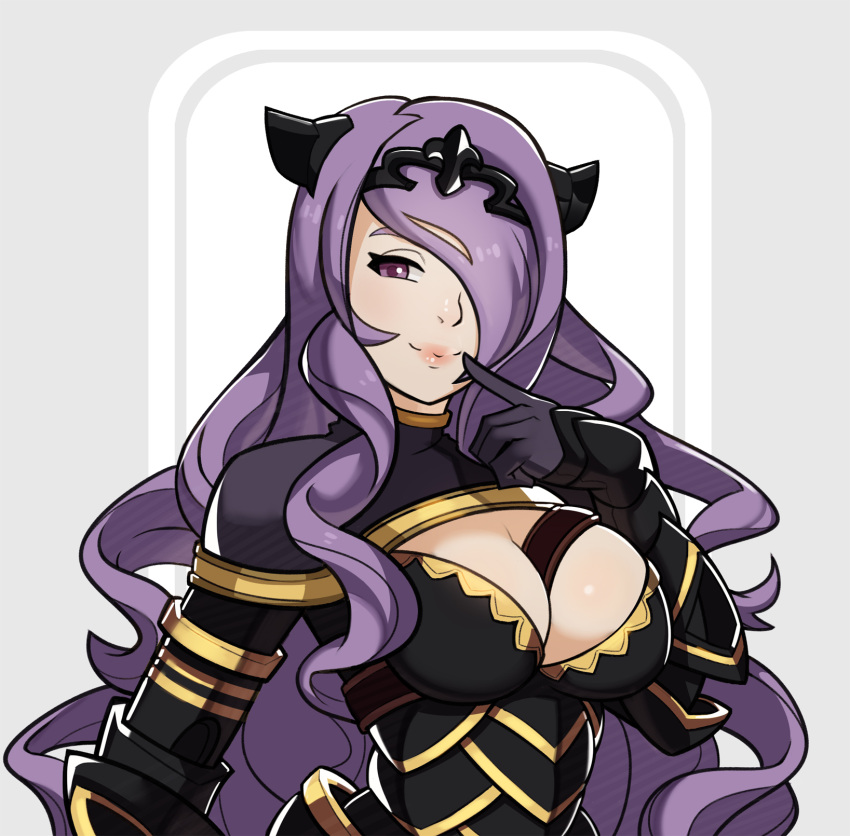 1girl breasts camilla_(fire_emblem_if) circlet cleavage finger_to_mouth fire_emblem fire_emblem_if highres looking_at_viewer nintendo purple_hair solo splashbrush upper_body