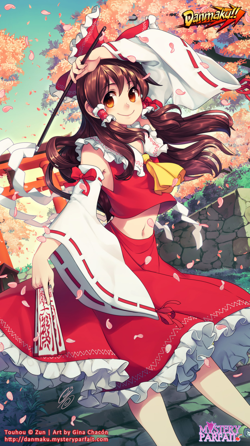 1girl bow brown_eyes brown_hair cherry_blossoms commentary crop_top detached_sleeves flat_chest frills gina_chacon gohei hair_bow hair_tubes hakurei_reimu highres midriff navel ofuda petals red_bow sidelocks skirt smile solo torii touhou watermark web_address wide_sleeves