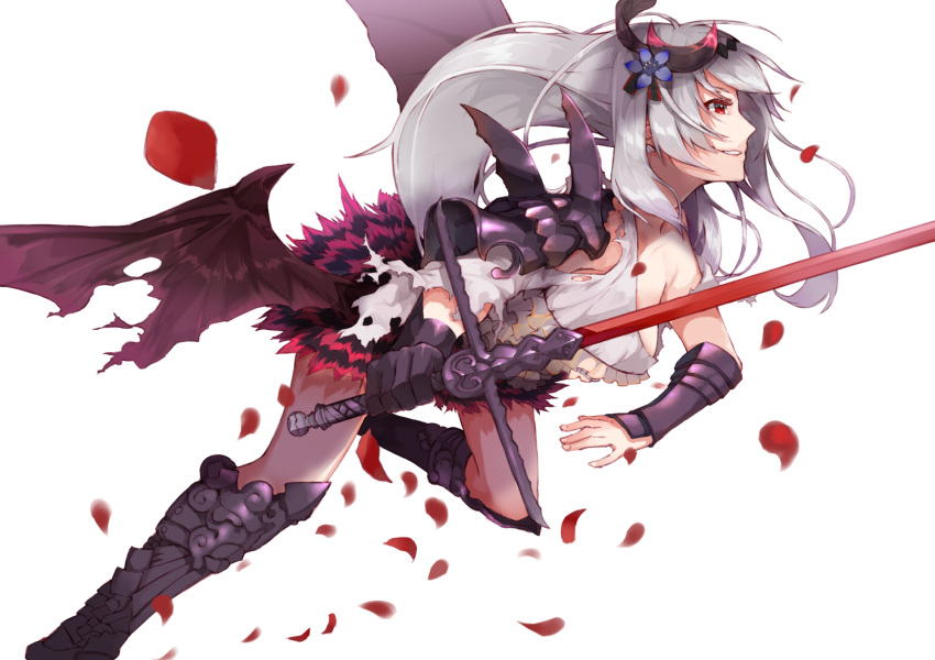 1girl :d albino armor armored_boots bangs bare_shoulders black_wings blue_flower boots dark_jeanne dress flower frills from_side gauntlets granblue_fantasy grey_hair hair_flower hair_ornament highres jeanne_d'arc_(granblue_fantasy) long_hair low_wings mugcup open_mouth pauldrons petals profile red_eyes silver_hair simple_background smile solo sword vambraces weapon white_background wings