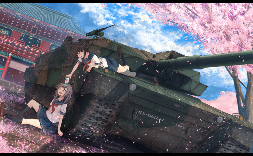 2girls black_legwear blue_eyes blue_skirt blush brown_hair building can cherry_blossoms closed_eyes collarbone dutch_angle grey_hair gun highres holding holding_can karo-chan kneehighs letterboxed loafers lying machine_gun military military_vehicle multiple_girls number on_ground on_stomach open_mouth original outdoors outstretched_arm petals pleated_skirt school_uniform serafuku shirt shoes short_sleeves sitting skirt tank type_10_(tank) vehicle weapon