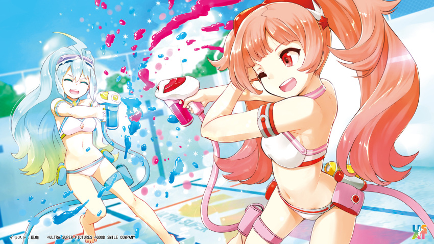 2girls :d ;d ^_^ ahoge aqua_hair artist_name barefoot bikini closed_eyes company_name empty_pool end_card gradient_hair highres holster multicolored_hair multiple_girls nagian navel one_eye_closed open_mouth paintball red_eyes redhead smile sumako_(ultra_super_anime_time) supika_(ultra_super_anime_time) swimsuit thigh_holster thigh_strap ultra_super_anime_time wallpaper water_gun
