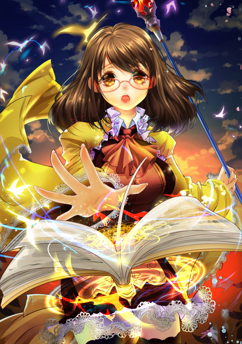 1girl :o absurdres book brown_eyes brown_hair clouds cowboy_shot glasses highres looking_at_viewer magic_circle original red-framed_glasses short_hair skirt sky solo soucl staff
