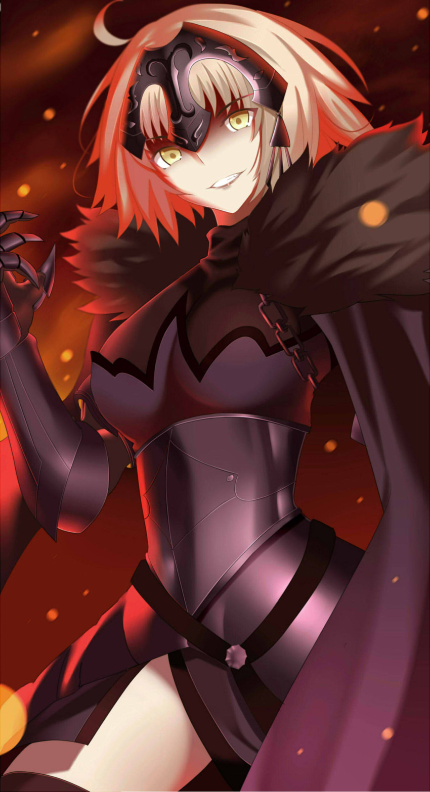 1girl absurdres ahoge armor bad_id black_legwear blonde_hair breasts cape dark_persona fate/grand_order fate/stay_night fate_(series) headgear highres jeanne_alter large_breasts open_mouth paperfinger ruler_(fate/apocrypha) ruler_(fate/grand_order) short_hair smile solo teeth thigh-highs thighs type-moon yellow_eyes