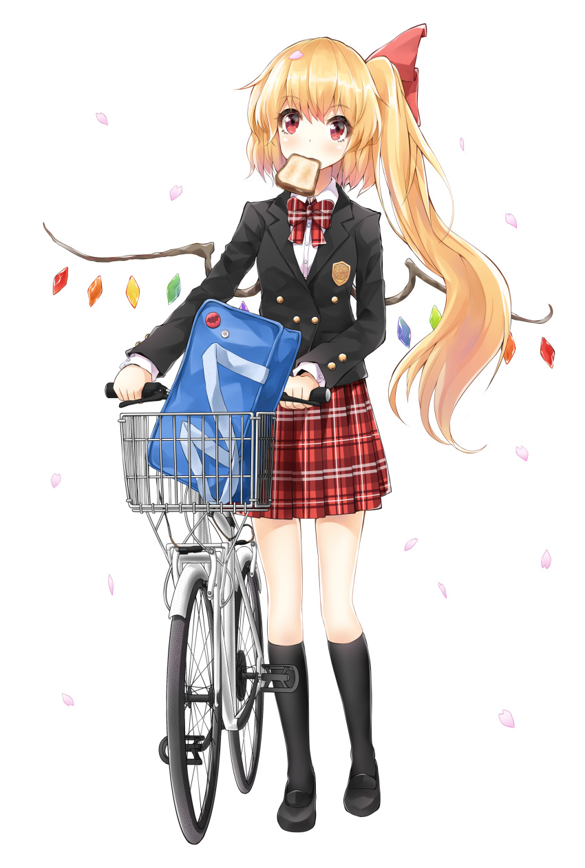 1girl absurdres badge bag bicycle black_legwear blonde_hair bow bowtie commentary_request flandre_scarlet food_in_mouth fuente hair_ribbon highres long_hair mouth_hold petals plaid plaid_bowtie plaid_skirt red_eyes ribbon school_uniform side_ponytail simple_background skirt solo toast toast_in_mouth touhou white_background wings