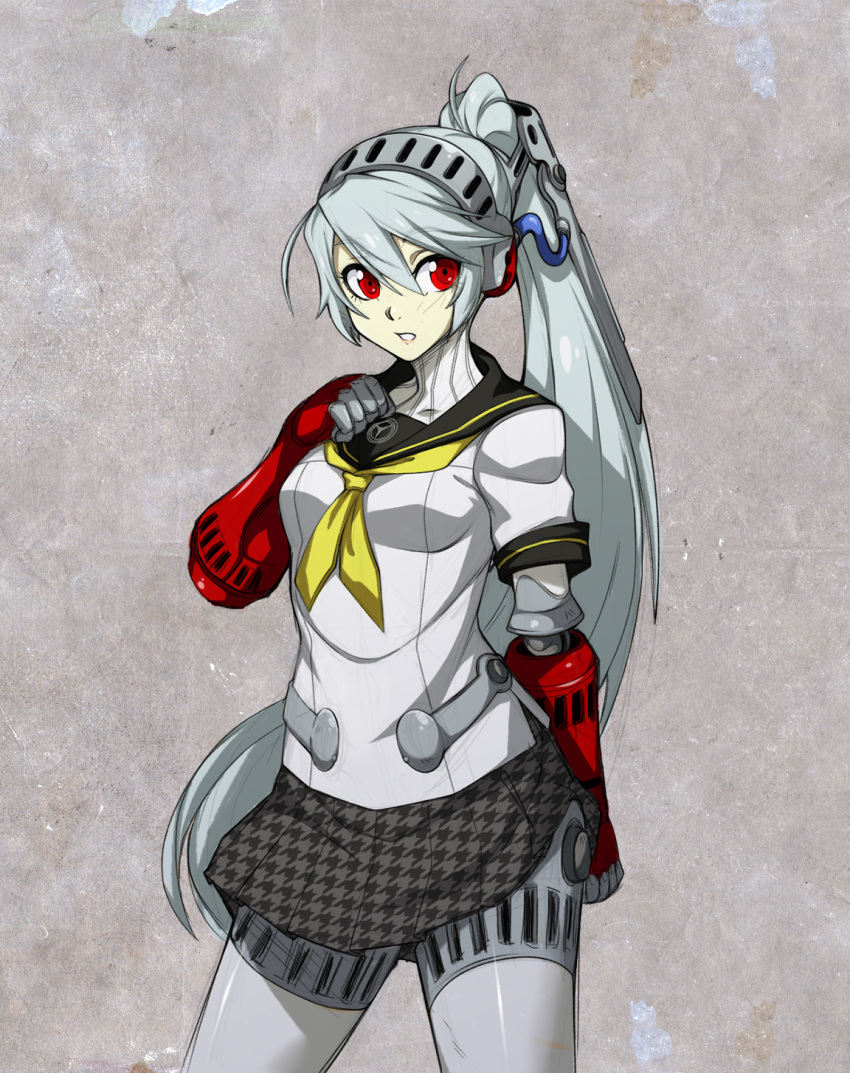 1girl android hair_between_eyes highres houndstooth labrys long_hair persona persona_4:_the_ultimate_in_mayonaka_arena pleated_skirt ponytail red_eyes robot_joints school_uniform serafuku silver_hair skirt small_breasts solo spike_wible