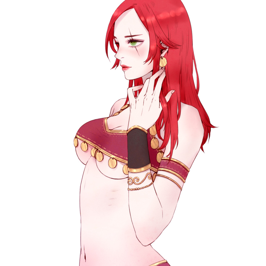 1girl alternate_costume armband bikini_top blush bracelet breasts cleavage dancer earrings green_eyes heather37 highres jewelry katarina_du_couteau league_of_legends lipstick long_hair makeup navel red_lipstick redhead scar scar_across_eye simple_background solo under_boob white_background