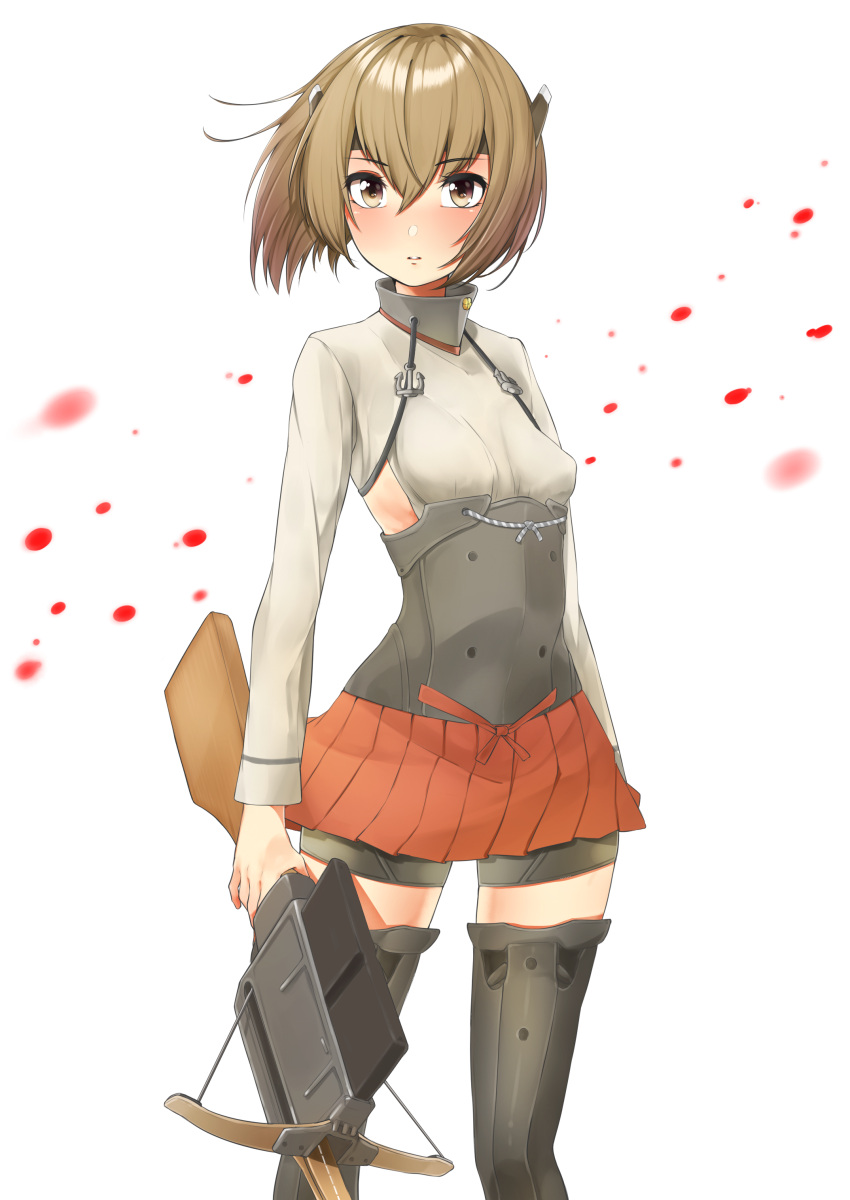 1girl absurdres bike_shorts bow_(weapon) brown_eyes brown_hair crossbow headgear highres kantai_collection nezumi_doshi parted_lips pleated_skirt short_hair skirt solo taihou_(kantai_collection) thigh-highs weapon wind zettai_ryouiki