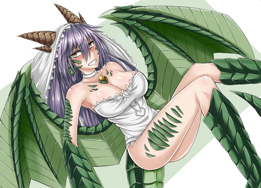 1girl bare_shoulders blush breasts cleavage dragon_(monster_girl_encyclopedia) dragon_girl dragon_tail dragon_wings head_fins horns jpeg_artifacts large_breasts long_hair looking_at_viewer monster_girl monster_girl_encyclopedia open_mouth paws purple_hair sanmotogoroo scales simple_background slit_pupils solo tail veil wings yellow_eyes