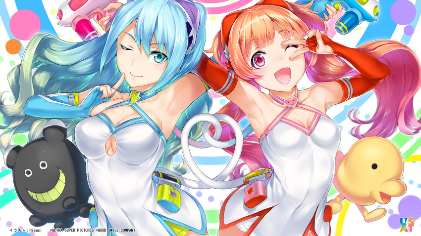 2girls ;) ;d aqua_gloves aqua_hair artist_name breasts cleavage company_name covered_navel criss-cross_halter elbow_gloves end_card finger_to_mouth fingerless_gloves gloves gradient_hair green_hair halter_top halterneck heart highres hisashi_(nekoman) lightning_bolt long_hair multicolored_hair multiple_girls one_eye_closed open_mouth red_eyes red_gloves redhead smile sumako_(ultra_super_anime_time) supika_(ultra_super_anime_time) twintails ultra_super_anime_time under_boob underboob_cutout v_over_eye wallpaper water_gun wavy_hair