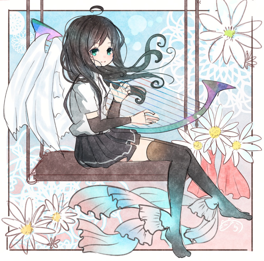 1girl angel_wings arm_warmers asashio_(kantai_collection) black_hair black_legwear blue_eyes floral_background harp highres instrument kantai_collection long_hair nora_(salatto) pleated_skirt shirt shoes_removed short_sleeves skirt solo suspenders swing thigh-highs white_shirt wings