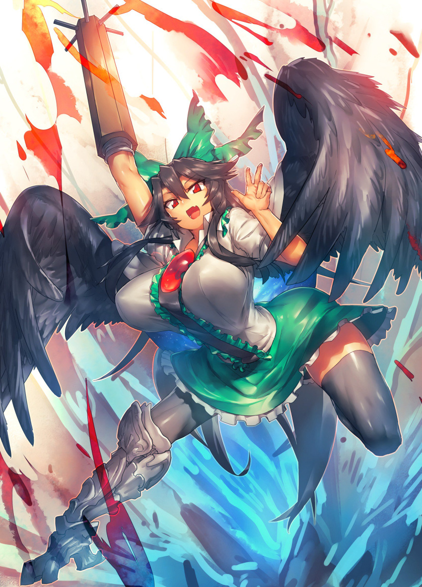 1girl :d black_hair black_legwear breasts fang feathered_wings highres large_breasts long_hair looking_at_viewer melon22 open_mouth red_eyes reiuji_utsuho smile solo teeth thigh-highs touhou w wings