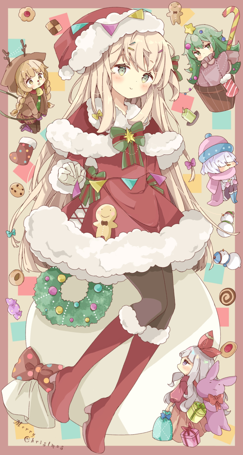5girls :d absurdres animal_ears animal_hood antlers bangs beanie black_legwear blue_footwear blush boots bow box braid brown_background brown_bow brown_eyes brown_hair brown_shirt brown_skirt candy candy_cane capelet checkerboard_cookie chibi chocolate_chip_cookie christmas christmas_ornaments christmas_stocking christmas_wreath closed_mouth coat commentary cookie dress eyebrows_visible_through_hair fake_animal_ears fake_antlers food fur-trimmed_boots fur-trimmed_capelet fur-trimmed_dress fur-trimmed_headwear fur-trimmed_sleeves fur_trim gift gift_box gingerbread_man gloves green_eyes green_hair hair_ornament hair_over_eyes hair_ribbon hairclip hat highres hood hood_up ice_skates long_hair long_sleeves merry_christmas minigirl mittens multicolored_polka_dots multiple_girls original pantyhose pennant pink_headwear pink_scarf pleated_skirt polka_dot polka_dot_bow profile puffy_long_sleeves puffy_sleeves purple_footwear purple_mittens red_capelet red_dress red_footwear red_headwear red_nose red_ribbon red_shirt reindeer_antlers reindeer_hood ribbon sack santa_costume santa_hat scarf shirt short_eyebrows skates skirt smile snowman string_of_flags stuffed_animal stuffed_bunny stuffed_toy symbol-only_commentary thick_eyebrows thumbprint_cookie tsukiyo_(skymint) twin_braids twintails very_long_hair violet_eyes white_coat white_gloves white_hair