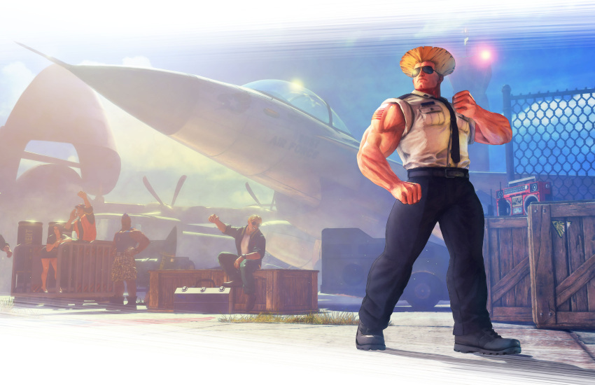 absurdres biceps blonde_hair box capcom fighting_stance guile highres manly necktie official_art radio sleeves_rolled_up solo_focus street_fighter street_fighter_v sunglasses tattoo
