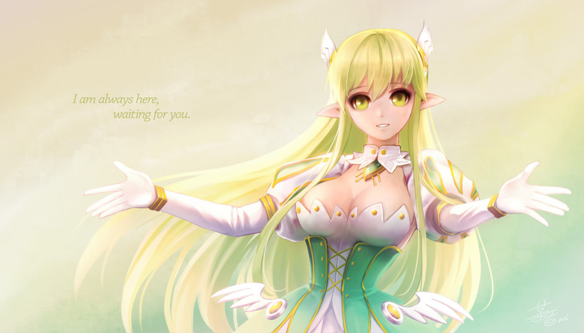 1girl blonde_hair breasts cleavage corset elsword english gloves grand_archer_(elsword) green_eyes long_hair looking_at_viewer outstretched_arms poklala rena_(elsword) smile solo spread_arms upper_body white_gloves