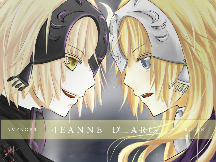 2girls artist_request blonde_hair character_name crescent_moon dark_persona fate/grand_order fate/stay_night fate_(series) grey_eyes head_to_head headgear highres jeanne_alter long_hair moon mouth multiple_girls ruler_(fate/apocrypha) ruler_(fate/grand_order) signature teeth upper_body yellow_eyes