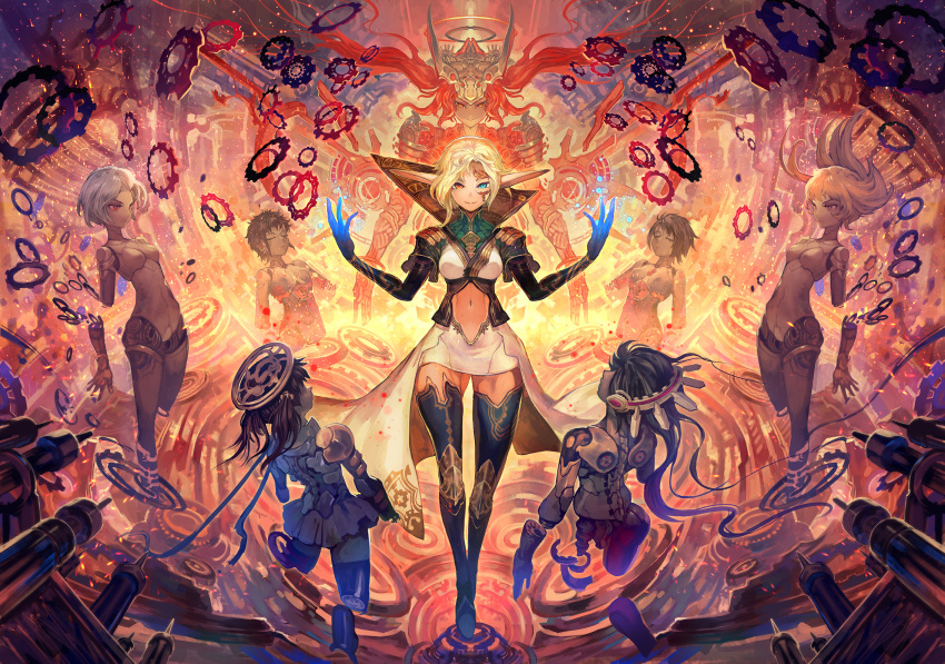6+girls amputee androgynous android armor arms_at_sides back bangs black_hair blonde_hair blue_eyes boots breasts broken brown_hair closed_eyes closed_mouth dark_skin detached_arm dissolving dress elf facial_mark fire floating floating_hair floating_object gears glowing glowing_hand halo hands_up headgear headphones headpiece heterochromia high_collar highres lack large_breasts last_chronicle lens_flare light_particles long_hair looking_at_another looking_at_viewer md5_mismatch mechanical_wings multiple_girls navel navel_cutout parted_bangs parted_lips pauldrons pointy_ears red_ribbon redhead ribbon robot_joints shade short_hair short_sleeves silver_hair smile smirk spine stomach string swept_bangs tattoo thigh-highs thigh_boots twintails unconscious underbust very_long_hair wings